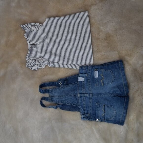 7 For All Mankind Girls Denim Overall Shorts Striped T-Shirt Set Size 12 Months - Picture 2 of 9